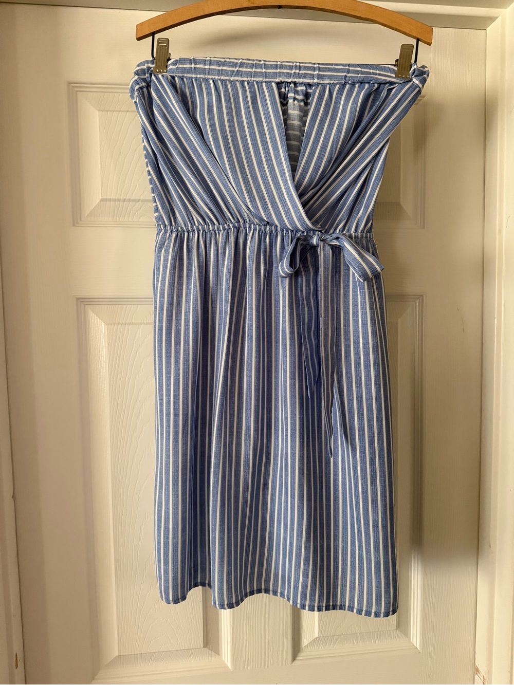 Monteau Blue and White Striped Strapless Mini Dress